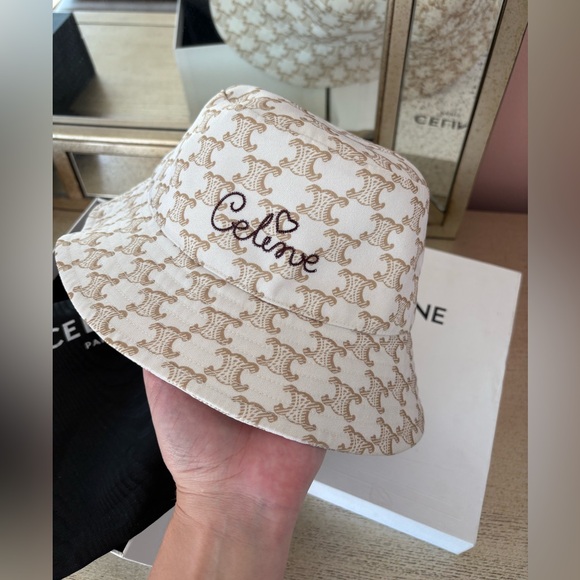 Celine Bucket Hat in Embroidered Cotton With Printed Monogram Size M Off White - Picture 1 of 11